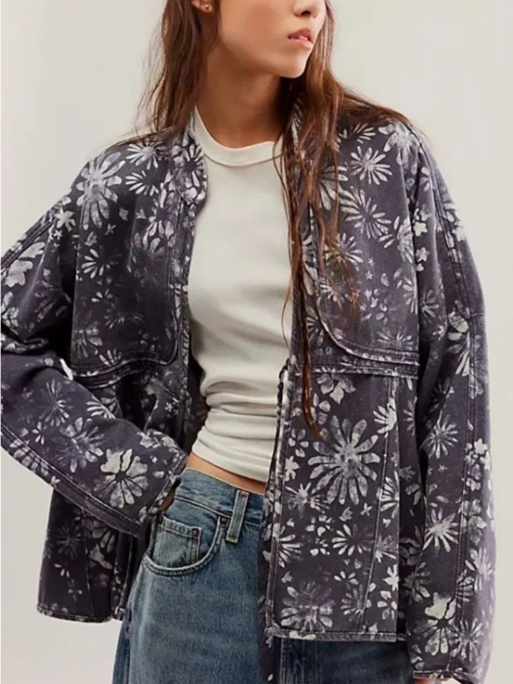 NWT free people lua bed jacket navy and white floral Small - Picture 4 of 13